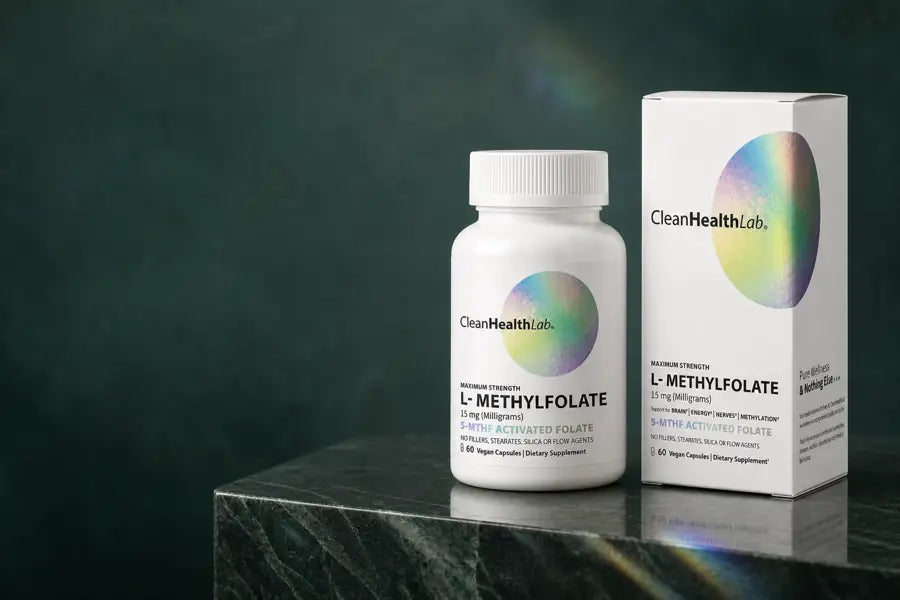 Clean Health Lab Maximum Strength L-Methylfolate bottle and carton arriving together in an open delivery box