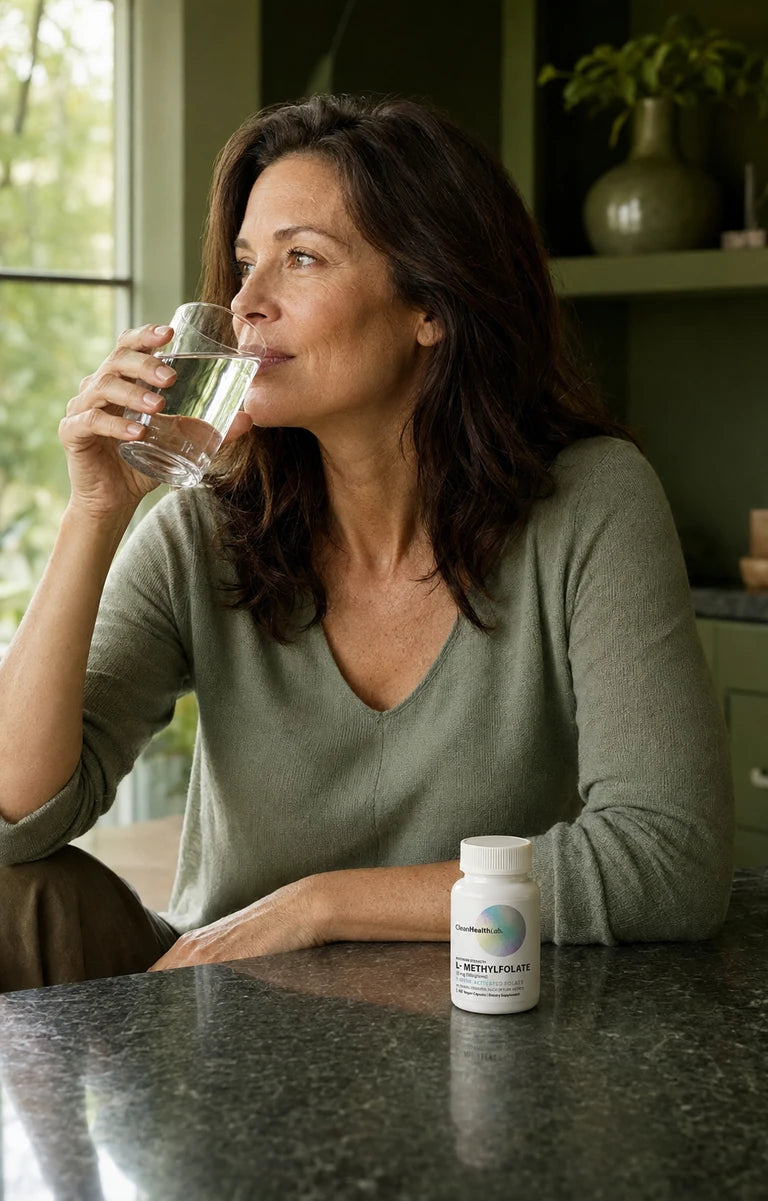 A woman drinks water at a green kitchen counter with her CHL bottle nearby