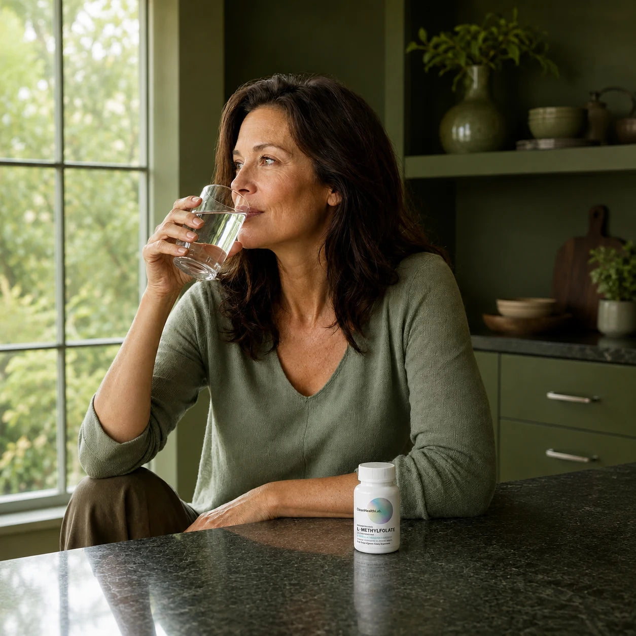 Woman drinking a glass of water with Clean Health Lab L-Methylfolate on the kitchen counter