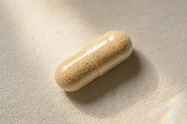 Small warm-beige size 2 capsule held at fingertip scale