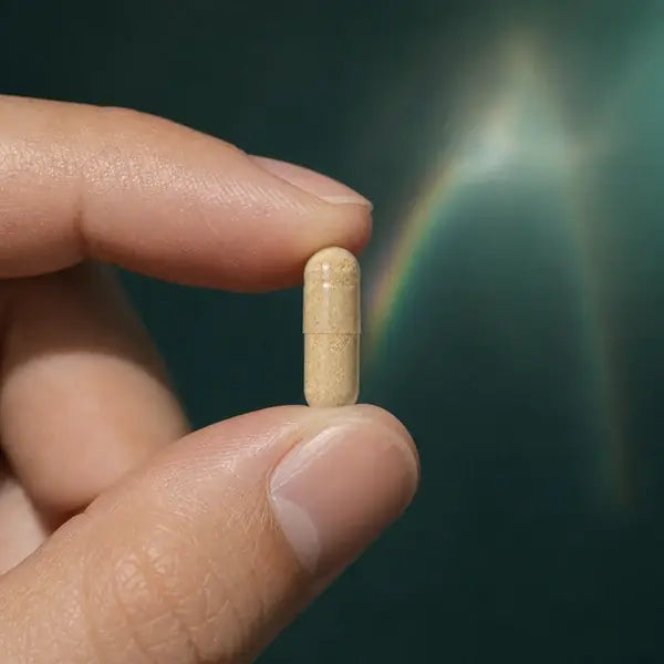 Single warm-beige capsule held between two fingers to show its actual small size, against a dark background with a soft rainbow light refraction
