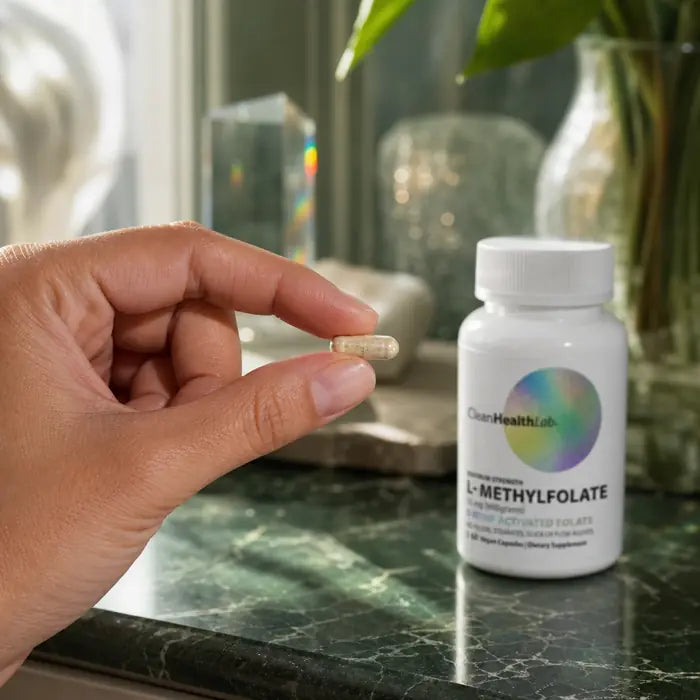 A hand holding one capsule beside the closed Clean Health Lab L-Methylfolate bottle on a marble counter, with a glass prism and greenery in the background