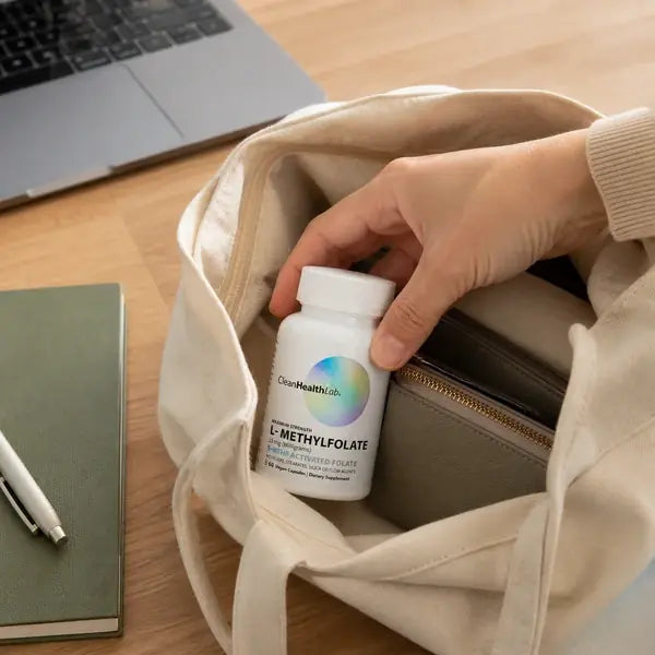 Compact bottle placed into an everyday canvas bag
