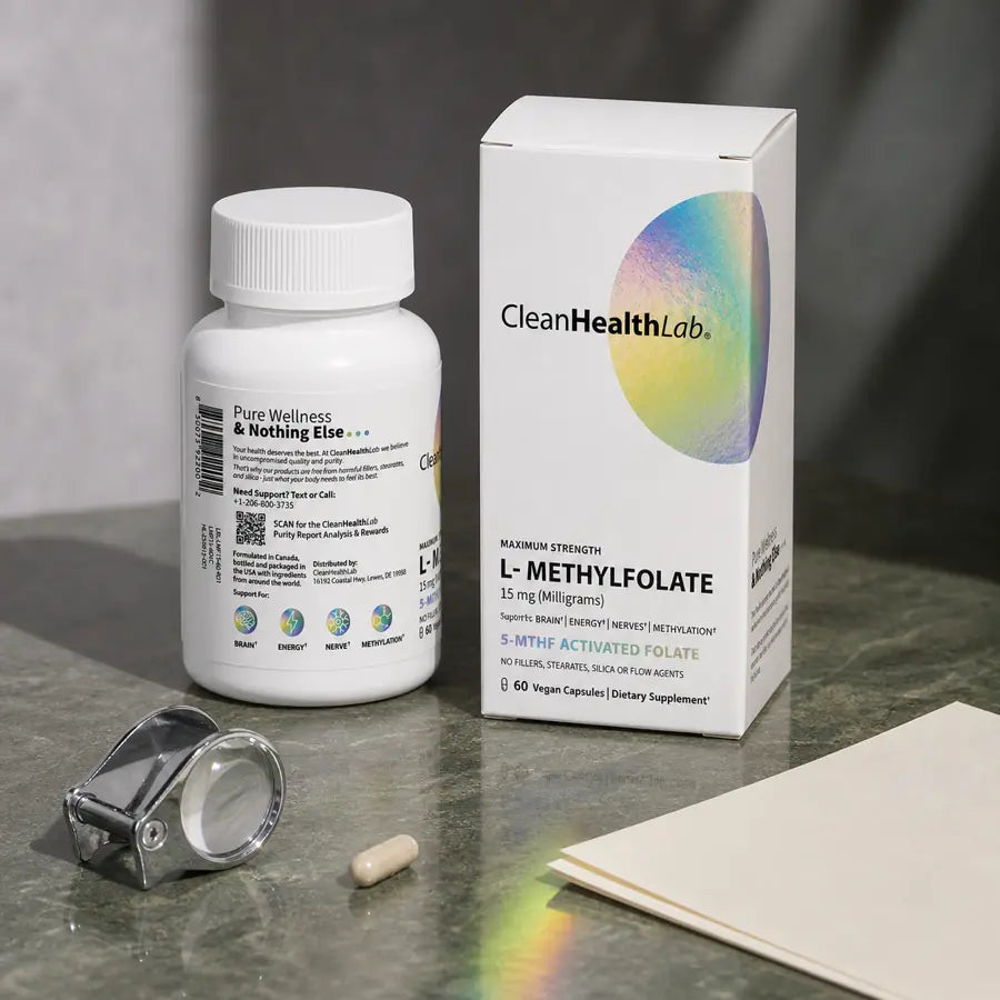 Closed Clean Health Lab L-Methylfolate carton, exact Supplement Facts, and one small warm-beige capsule arranged in a crisp glass evidence installation