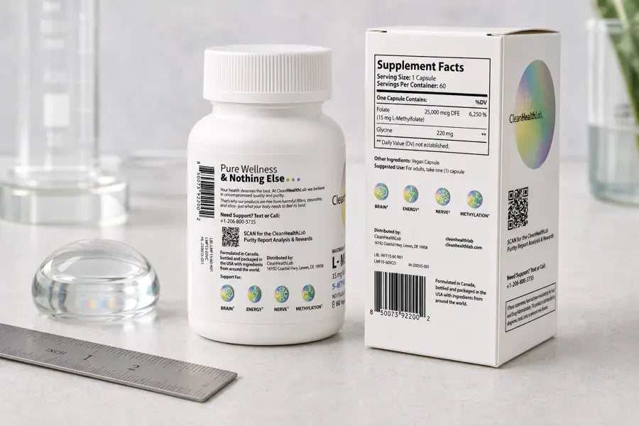 Exact approved Clean Health Lab bottle wrap with Supplement Facts, ingredients, suggested use, barcode, and support details