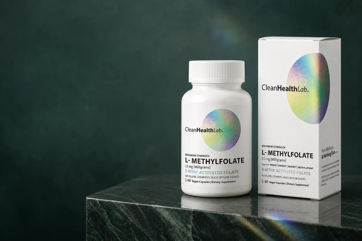 Clean Health Lab L-Methylfolate bottle and box on emerald stone