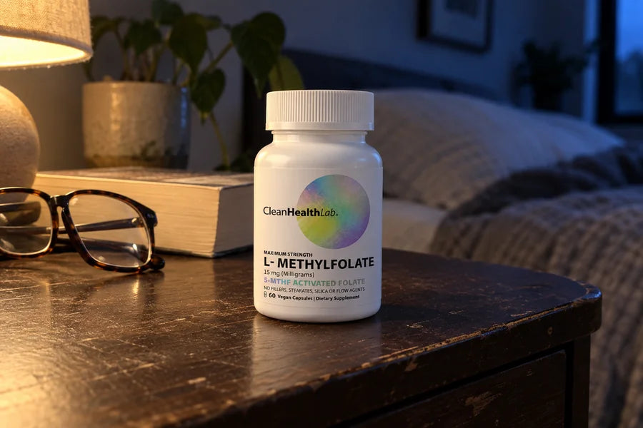 Clean Health Labs bottle on a bedside table