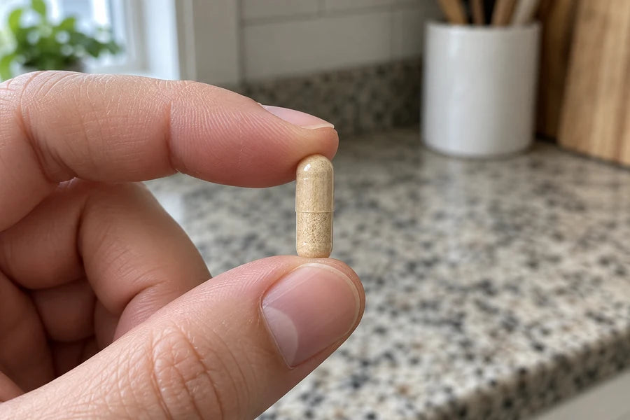 A Clean Health Labs capsule held between two fingers