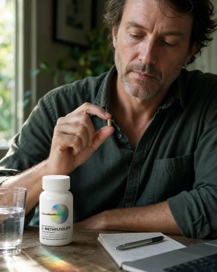 A man at a wooden table holding one capsule between his fingers, with the Clean Health Lab bottle, a glass of water, an open notebook and a laptop in frame