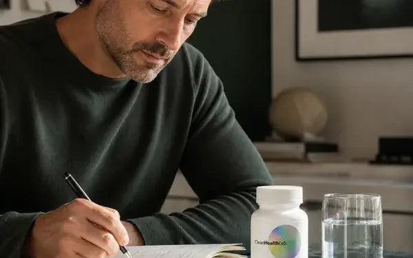 A man writing in a notebook at a desk, with the Clean Health Lab bottle and a glass of water beside him