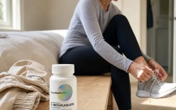 Someone sitting on the end of a bed lacing a trainer, with the Clean Health Lab bottle on the side table in morning light