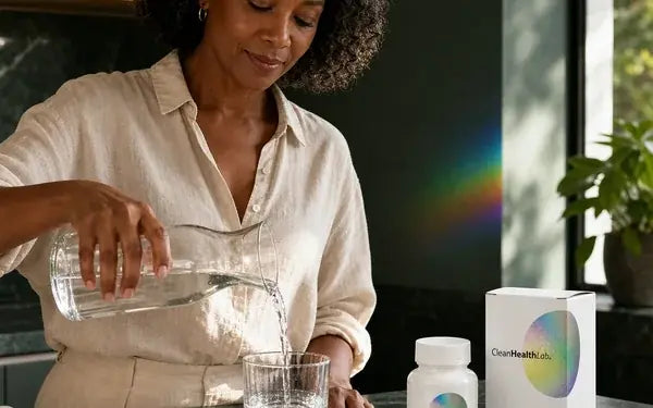 A woman pouring a glass of water in a bright kitchen, the Clean Health Lab bottle and carton on the counter beside her