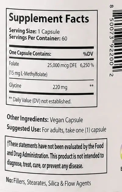 Photograph of the printed Supplement Facts label on the shipped bottle, uncropped