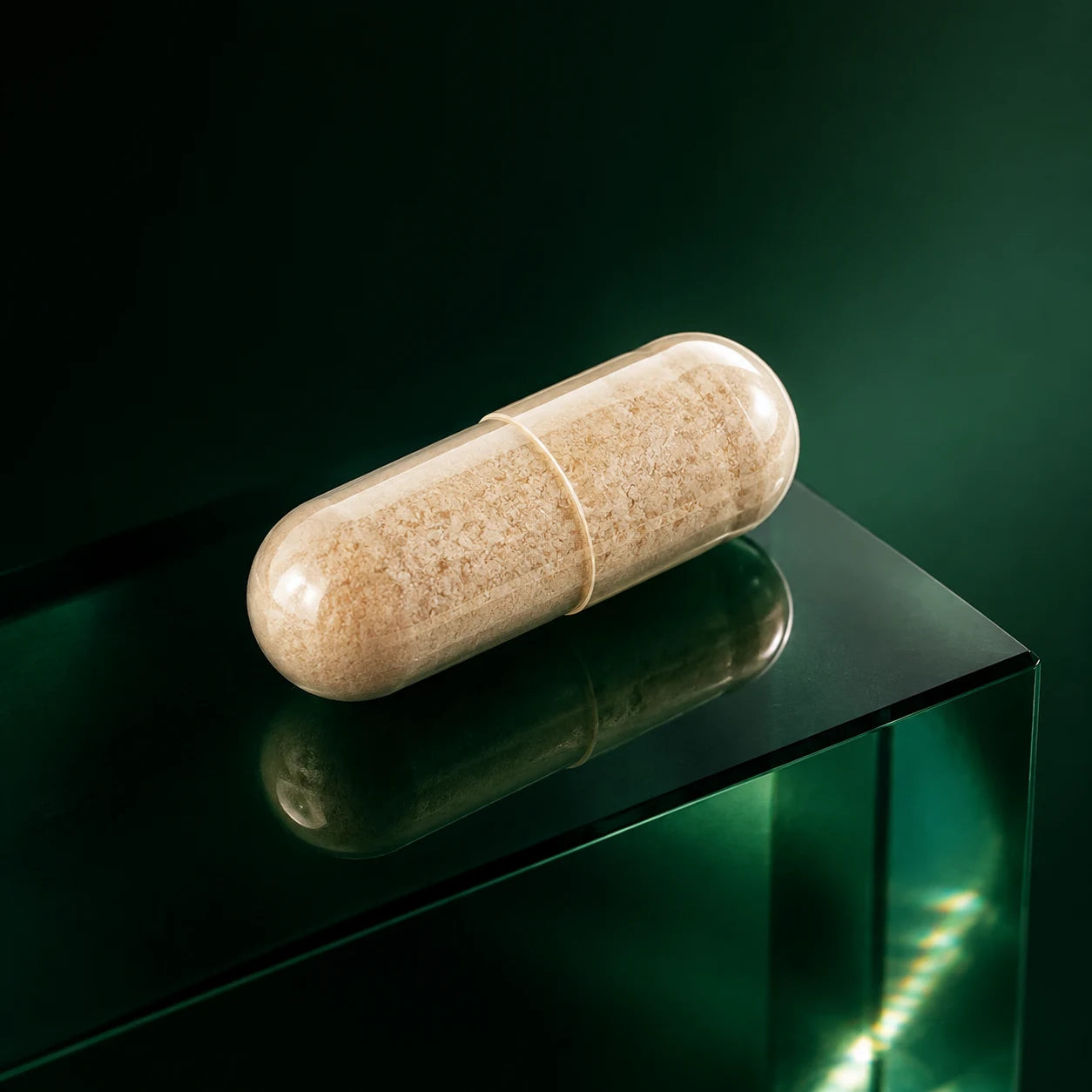 Close-up of one Clean Health Lab capsule resting on translucent green glass