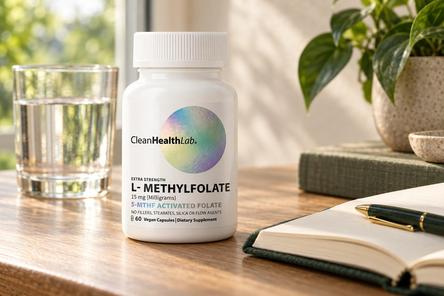 CHL L-Methylfolate beside a glass of water and an open notebook in morning light.